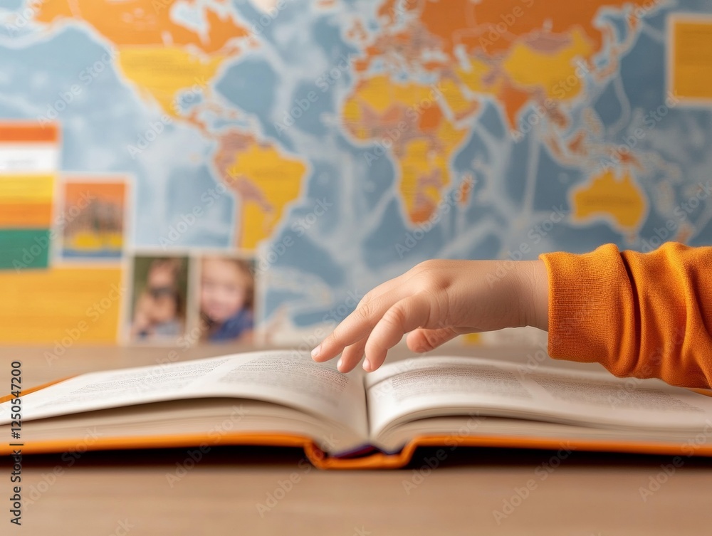 Poster interactive educational map display childs hand on illustrated book against global flags in classroo