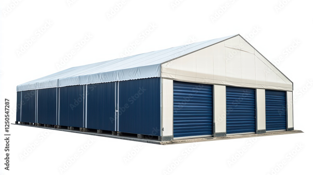 Poster warehouse with blue and silver roll-up doors: the building features a row of secure storage units pe
