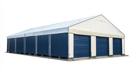 Fototapeta premium Warehouse with blue and silver roll-up doors: the building features a row of secure storage units perfect for commercial use, and a sense of security and modern efficiency.