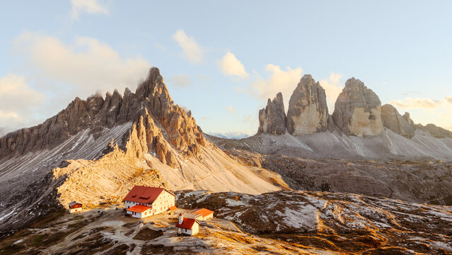 Panoramic view on Tre Cime di Lavaredo and rifugio Locatelli