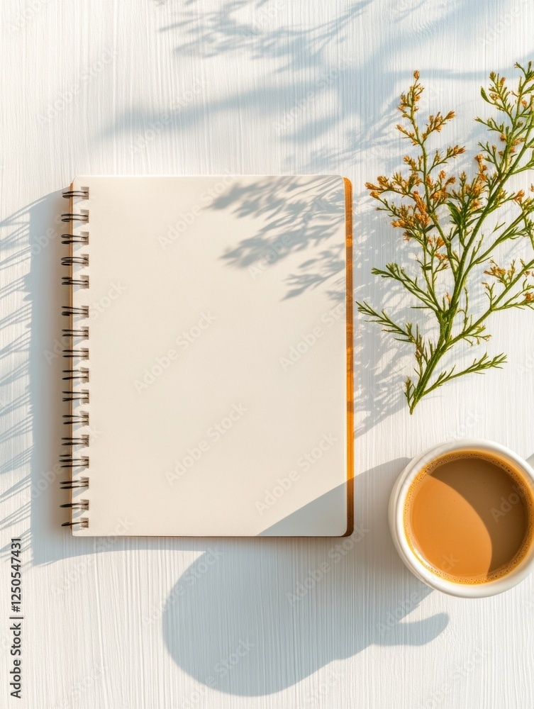 Poster minimalist workspace aesthetic open notebook with coffee and florals on textured surface - enhanced 