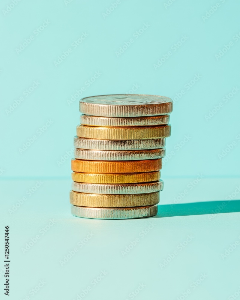 Poster Metallic Coin Stack on Aqua Backdrop Visualizing Financial Growth with Modern Investment Aesthetics for Banking and Wealth Management Content