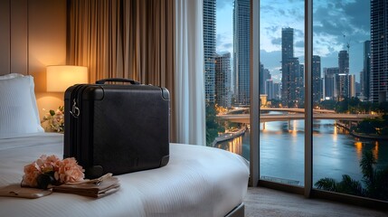 Fototapeta premium Luxurious hotel room interior with a breathtaking view of the city skyline and river at night The room features high end modern furnishings and dcor