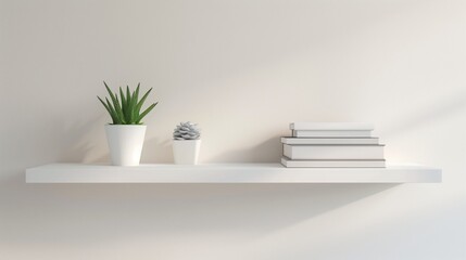 A floating white shelf with a single small potted plant and a stack of neutral-toned books. The negative space enhances the clean aesthetic.