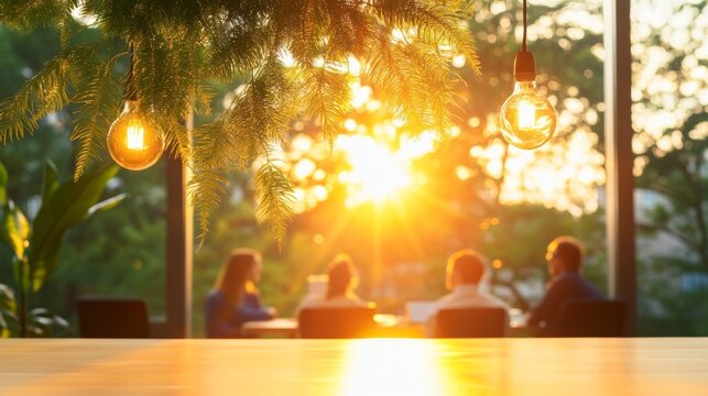 Warm Collaborative Corner Sunlit Office Chat Space with Lush Greenery - Enhance Team Camaraderie and Stress Relief in Modern Workplaces for Wellness-oriented Businesses