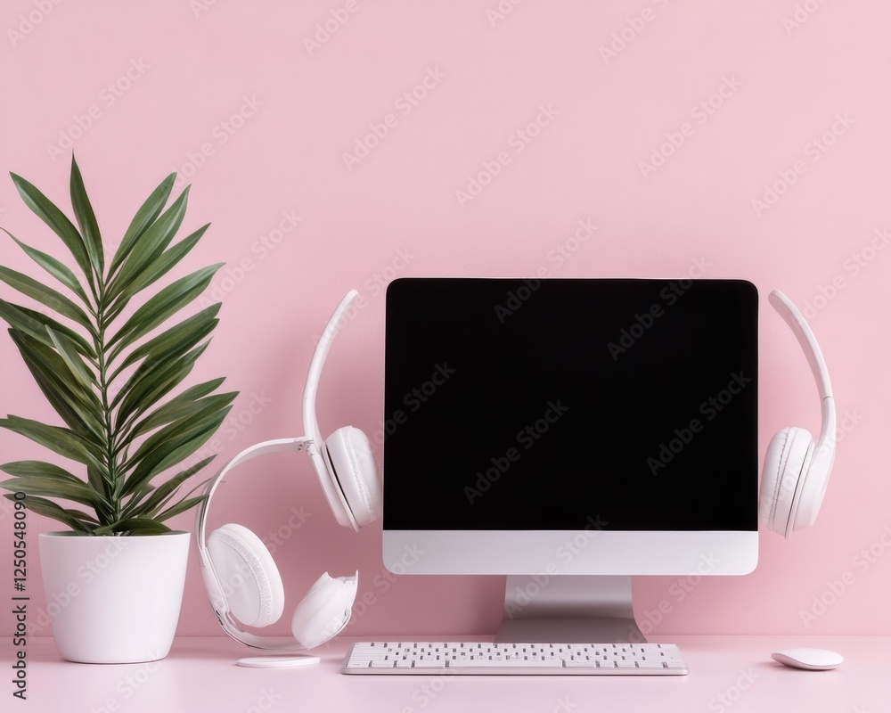 Poster minimalist desktop setup white headphones and modern computer on pink background with greenery - tec
