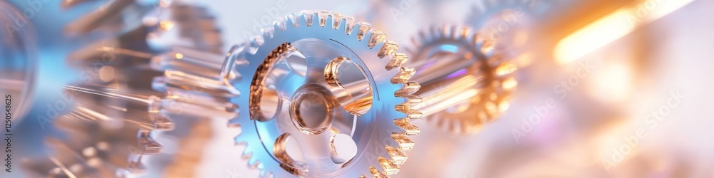 Poster Futuristic Industrial Gear Mechanisms Reflective Metal and Glass in Motion - Tech-Driven Manufacturing Visualization for Business Process Optimization and Industry 4.0 Integration