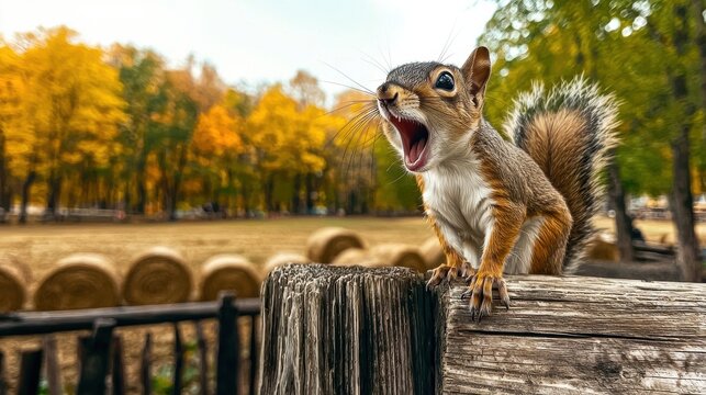 A dynamic image of a squirrel energetically vocalizing atop a wooden fence, showcasing its lively spirit and curiosity, surrounded by an autumn landscape of vivid colors.
