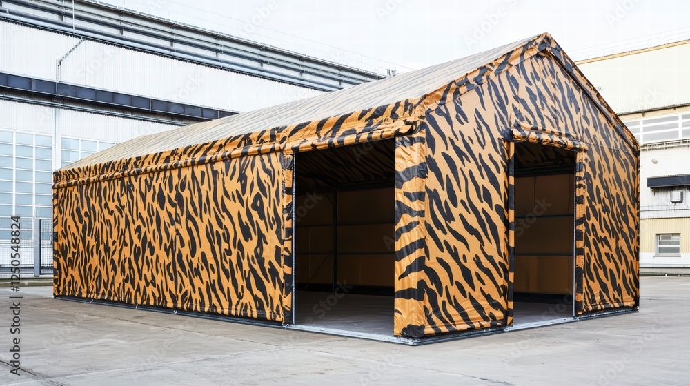 Poster striped structure: captivating close-up of a unique temporary structure. the tent or shelter shows z