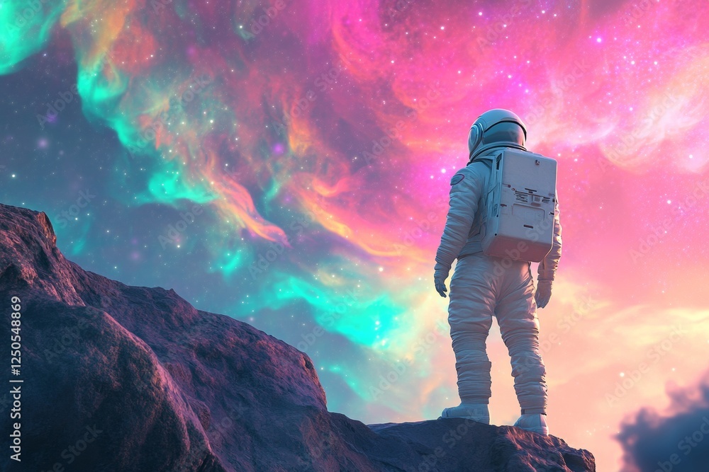 Poster futuristic sci-fi adventure astronaut on alien cliff with vivid auroras - immersive space odyssey ar