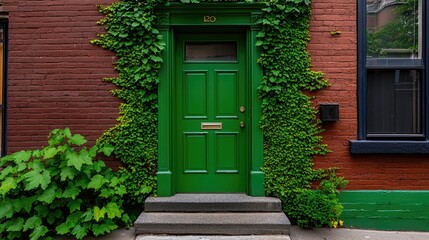 Elegant green door surrounded by ivy urban neighborhood photography residential area eye-level home aesthetics