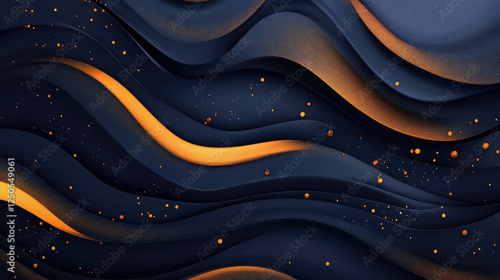 Poster abstract waves in deep blue and orange with texture and depth effects creating a dynamic visual for 