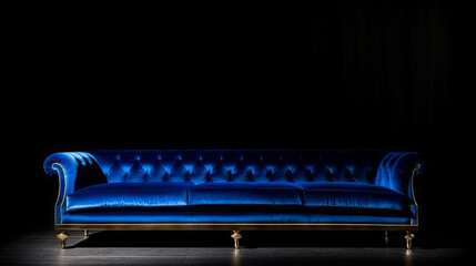 A luxurious charcoal black velvet sofa with tufted backrest and brass legs