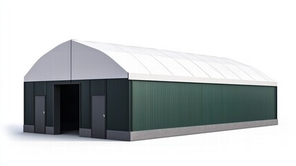 Fototapeta premium Modern Industrial Warehouse: A modern industrial warehouse structure features a metal facade, curved roof, and closed doors. The warehouse suggests functionality and efficiency.