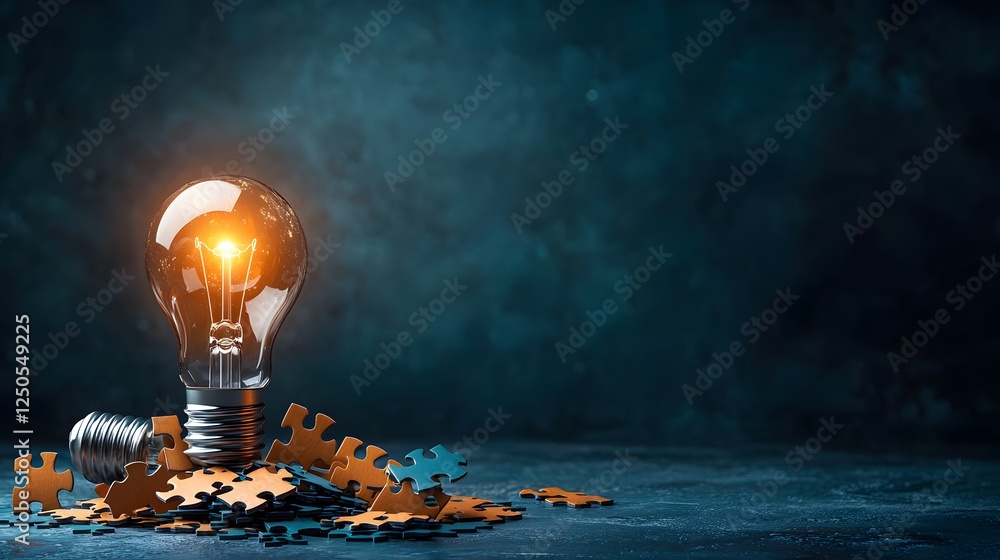 Poster glowing light bulb illuminating a dark background representing the spark of an idea creativity and i