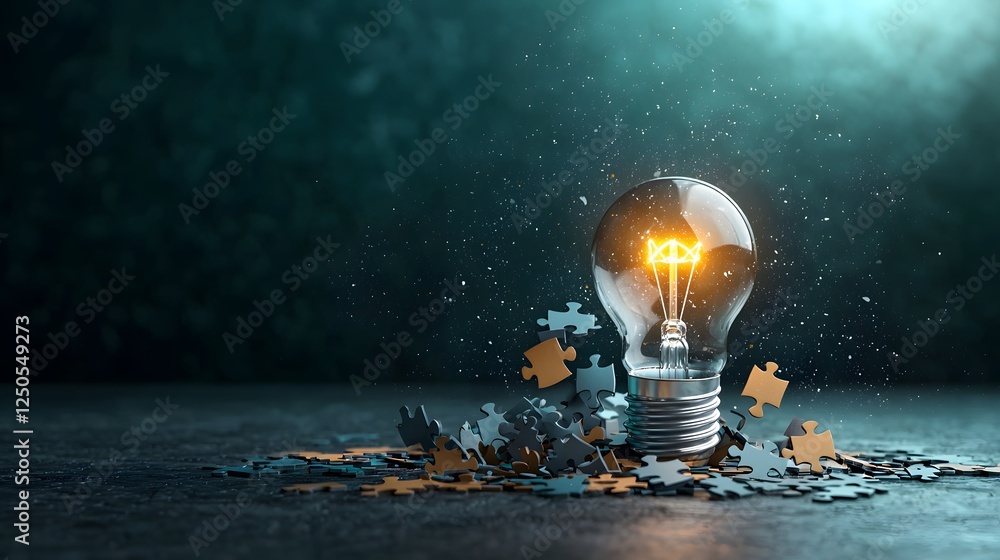 Poster conceptual light bulb illuminating on a dark background with scattered coins symbolizing the power o