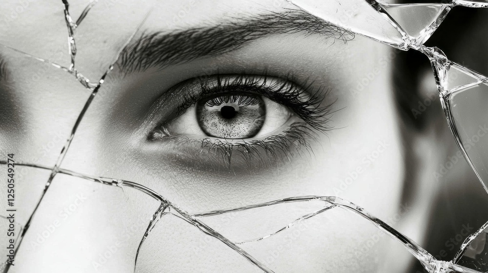 Poster delicate shards of glass lay scattered against a stark white backdrop, creating a striking contrast