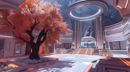 Futuristic architecture with a vibrant red tree in a modern space station