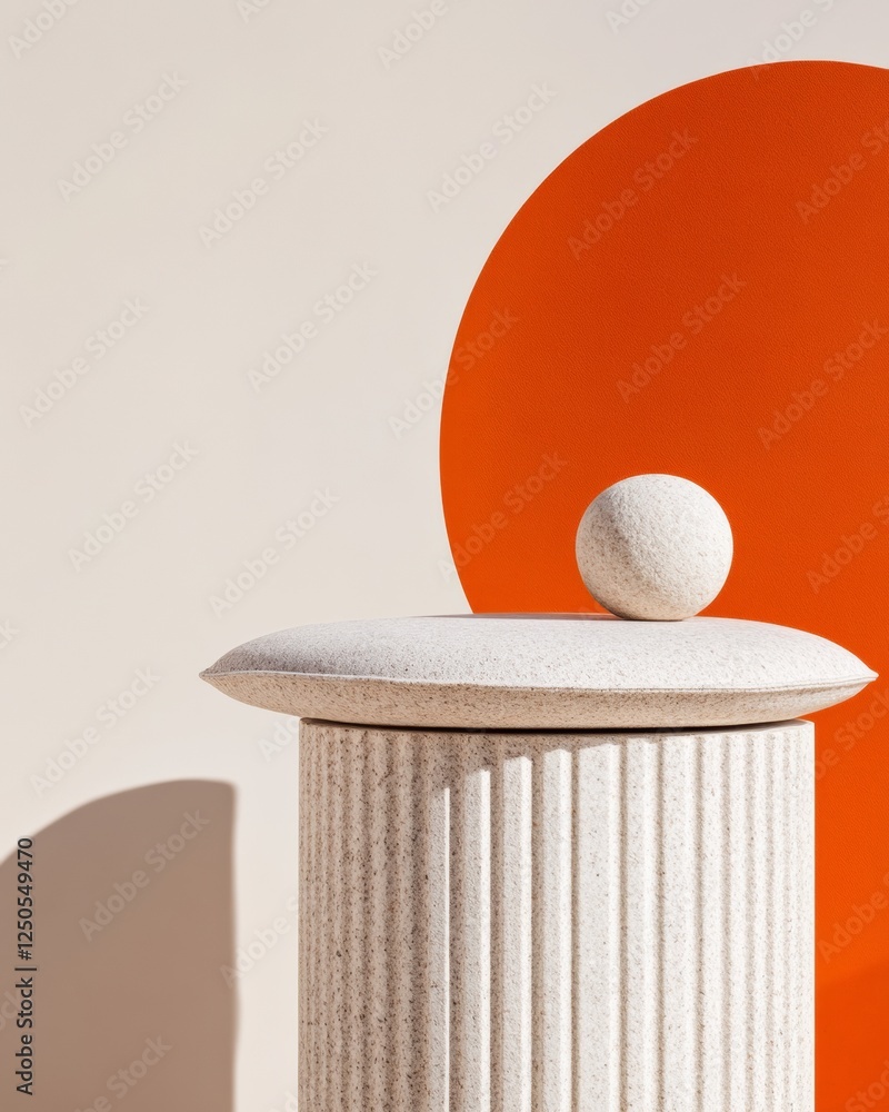 Poster minimalist sculptural design textured concrete pillar and sphere on terracotta backdrop - innovative
