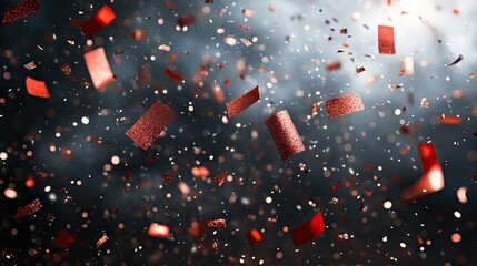 Red confetti falling, celebratory event, dark background, festive mood, ideal for party invitations