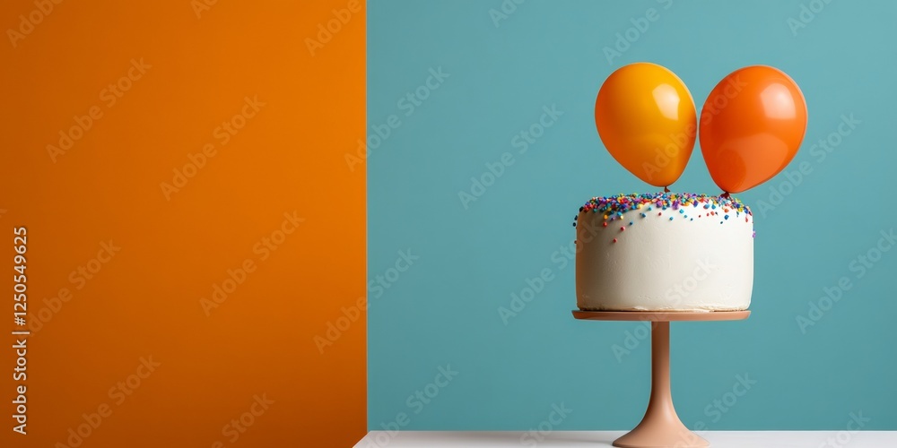 Aufkleber mid-century modern party display sprinkle-adorned cake on chic stand with vibrant balloons - event s