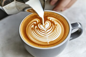 A beautifully crafted latte with intricate milk art, featuring a heart design, showcased in a grey cup against a light background.