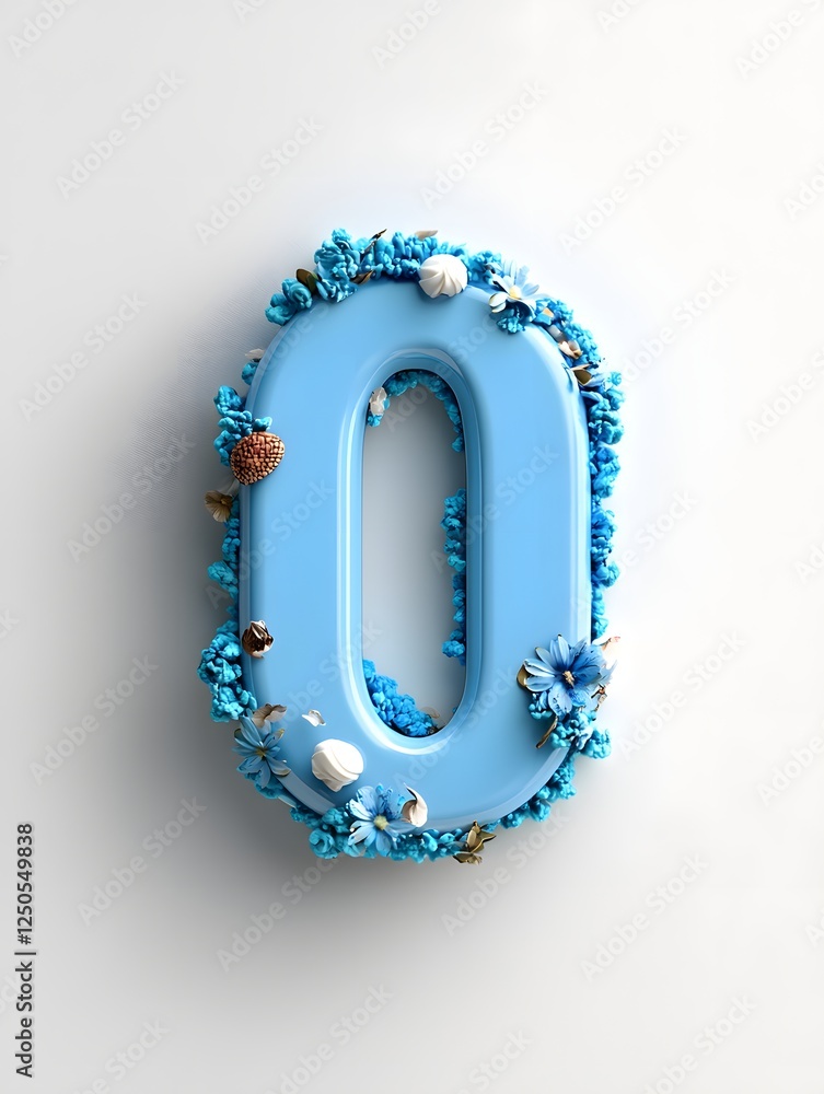 Poster decorative blue number 0 made of flowers pearls and other floral elements arranged on a clean white 