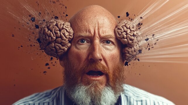 This compelling image showcases a man with exposed brain imagery, representing mental struggles and the pressure of ideas exploding, capturing the essence of human thought processes.