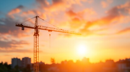 Fototapeta premium Dynamic Urban Skyline Crane Silhouette Against Radiant Sunset for Construction Industry Visuals - Highlighting Steel Framework, Concrete Foundations, and Architectural Progress