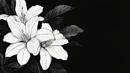 Monochrome hibiscus flowers, dark background, botanical illustration, greeting card design