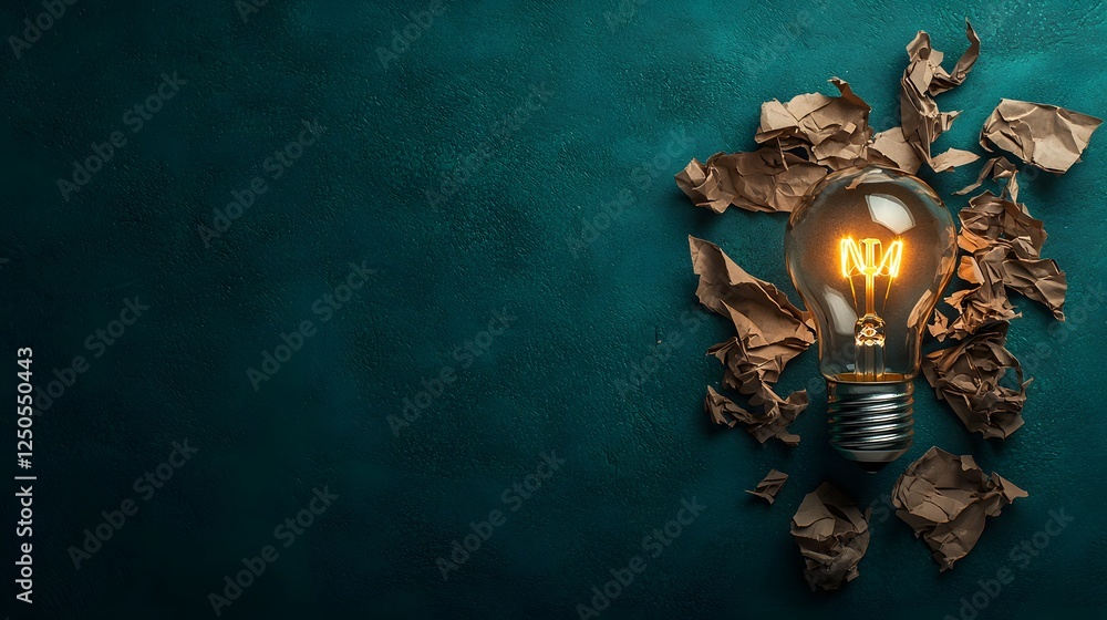 Poster glowing lightbulb surrounded by crumpled paper debris symbolizing the spark of innovative ideas and 
