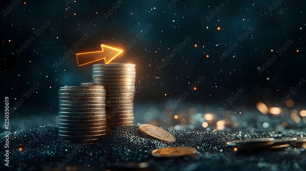 Poster stacked coins with a glowing orange arrow pointing upwards representing financial growth investment 