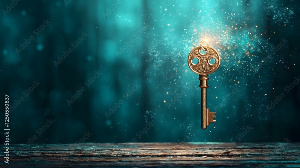 Poster glowing antique key levitating above rustic wooden table in enchanting teal backdrop magical mystica
