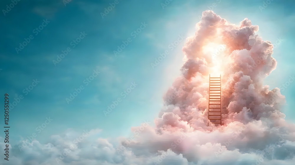 Poster a surreal and ethereal image depicting a mystical ladder leading up into the clouds symbolizing the 