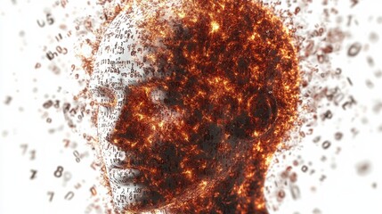 An abstract representation of a human head exploding with numerical data, symbolizing the overwhelming influx of information in today's digital age, a striking visual metaphor.