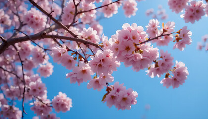 Fototapeta premium Delicate Pink Cherry Blossoms Bloom Against a Vibrant Blue Sky