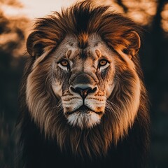 Naklejka premium Majestic Lion: Golden Hour Portrait, Wild Cat's Gaze, African Savannah King, Powerful Creature, Breathtaking Majesty, Untamed Pride, Regal Mane, Fierce Beauty, Sunrise Majesty, Wildlife Photography