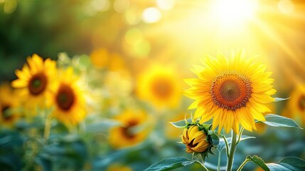 Obraz premium Vibrant Sunflower Field Bathed in Warm Sunlight with Lush Green Background