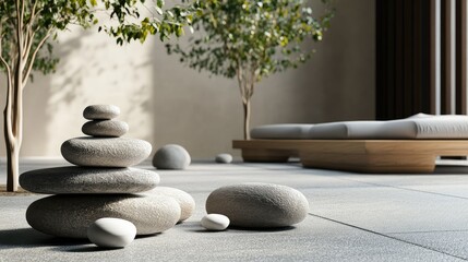 Serene Indoor Space with Decorative Pebbles and Minimalist Furniture for a Tranquil Atmosphere Ideal for Relaxation and Meditation in Modern Design