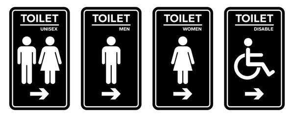Toilet icons set. Men and women restroom icon sign right arrow. Disabled wheelchair icon. Vector Illustration	