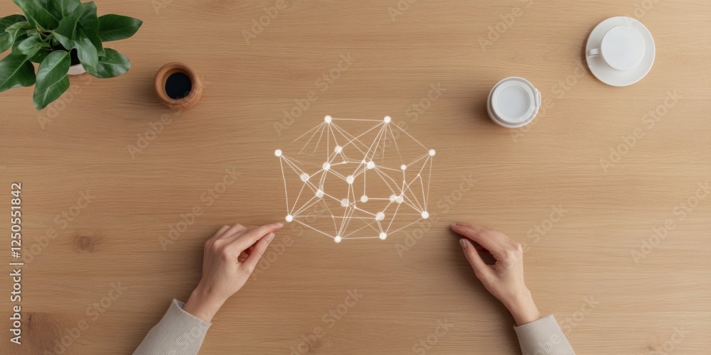 Poster geometric networking aesthetics hands crafting collaborative puzzle connections on wooden desk for i