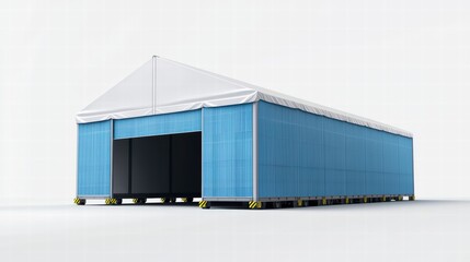 Obraz premium Large Blue and White Temporary Structure: A spacious temporary structure, predominantly blue with a white peaked roof, stands ready for use. Its large opening suggests versatility and ease of access.