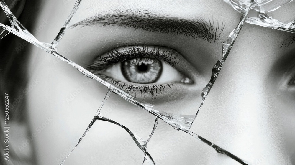 Poster intricate pieces of broken glass create a stunning backdrop, highlighting a captivating eye that mir