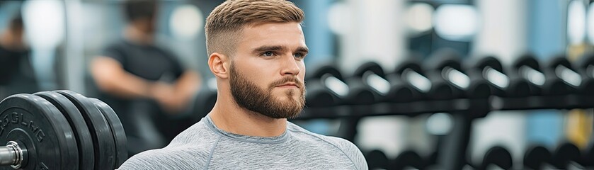 Obraz premium A focused man lifts weights in a gym, showcasing strength and determination during his workout session.