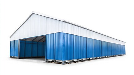 Fototapeta premium Large Blue Industrial Storage Building: A spacious industrial storage building with a gable roof and large blue side panels. Ideal for warehousing, logistics, and industrial applications.&nbsp;