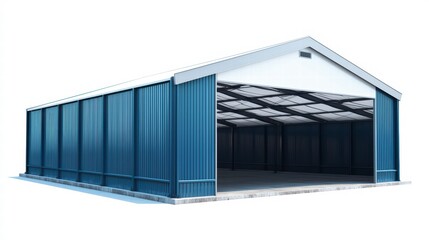 Fototapeta premium Blue Steel Garage Building: A spacious, modern blue steel garage building with a gable roof and a large open door, providing ample storage space. Ideal for various uses.