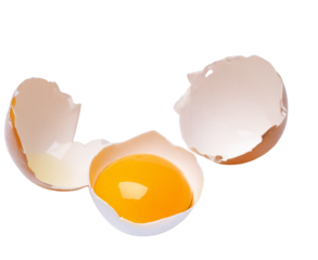 A cracked egg with yolk and white separated in a glass bowl, isolated on a transparent PNG background, perfect for culinary designs, baking, and food related projects.

