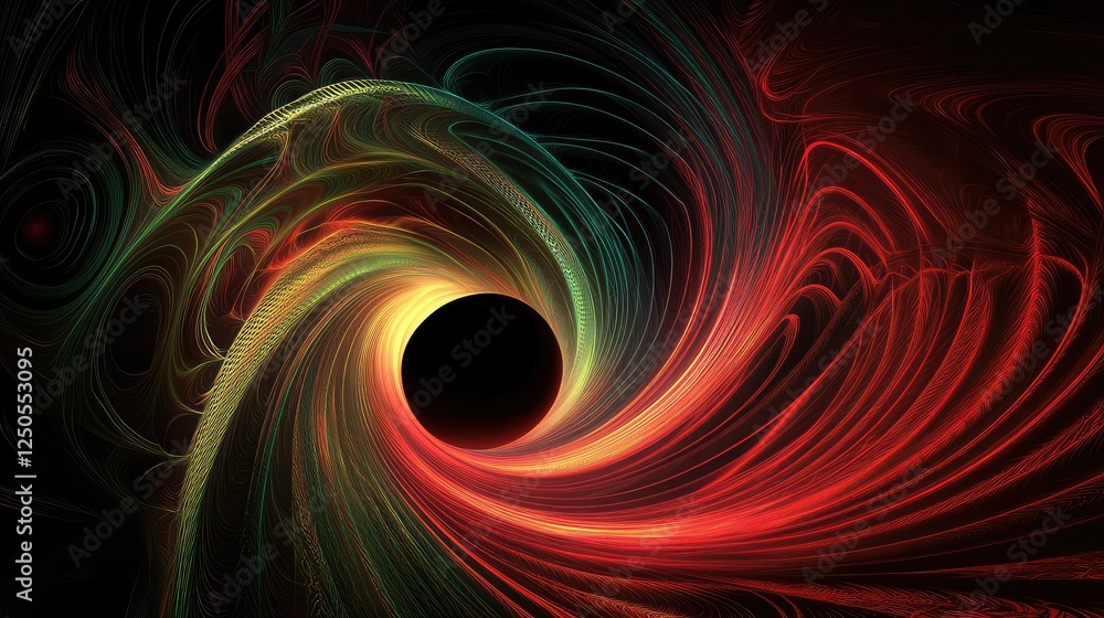 Poster abstract composition of swirling energy and color patterns around a dark void, representing a black 