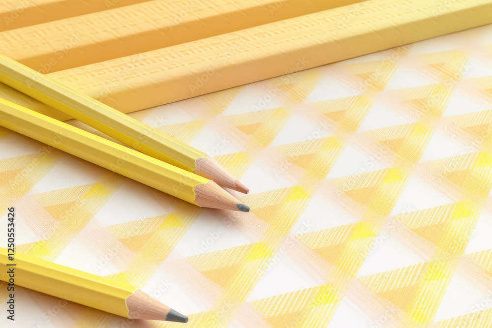 Aufkleber yellow color pencils on pastel yellow plaid pattern background create harmonious and artistic compos