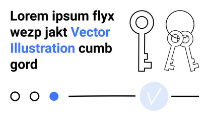 Bold black text, outlined and filled key graphics, blue checkmark within circle, lines and dots. Ideal for technology, security, password management, access control, digital keys authorization